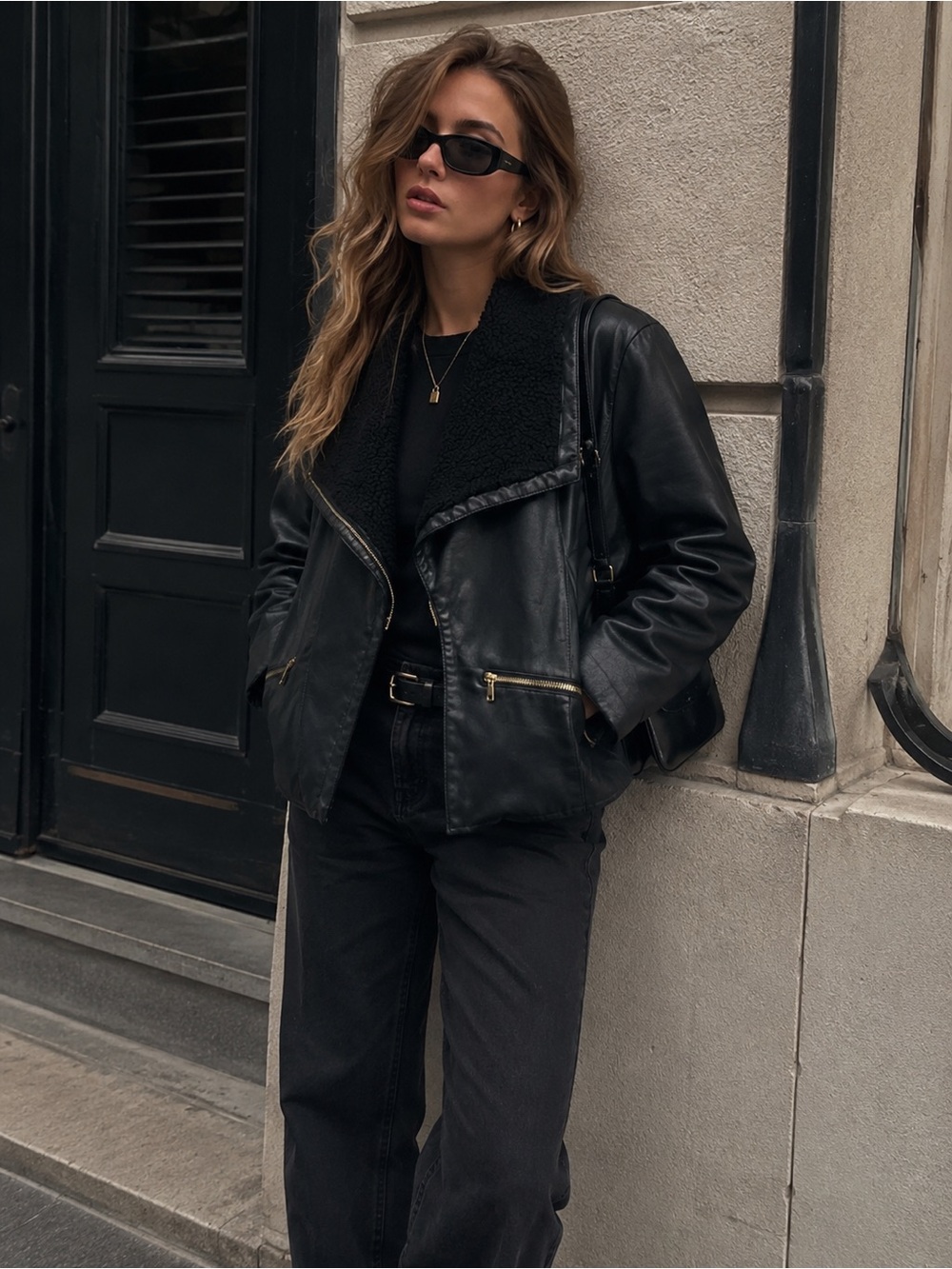 Baccini Black Faux Leather Sherpa-Trim Moto Jacket